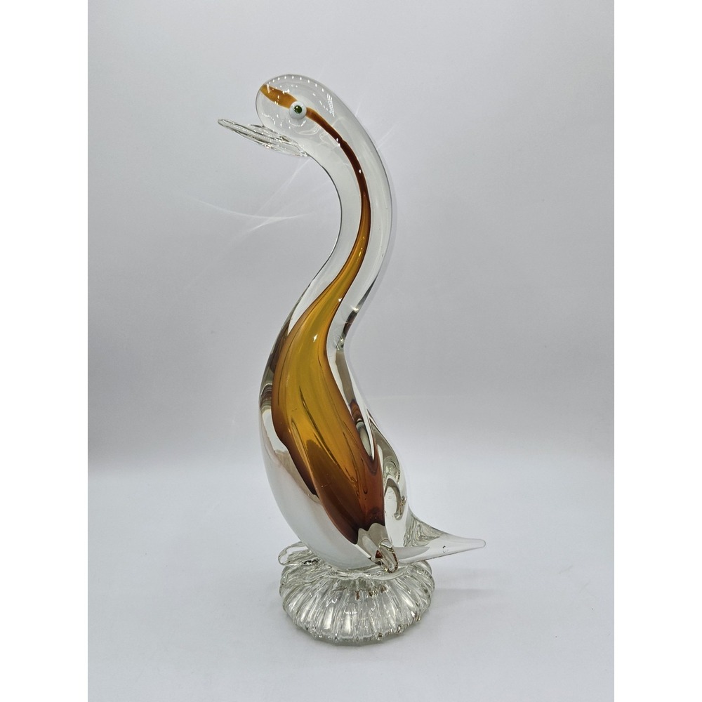 Mid Century Art Glass Duck Amber Clear Cased Sommerso Style Bird Sculpture 13.5"